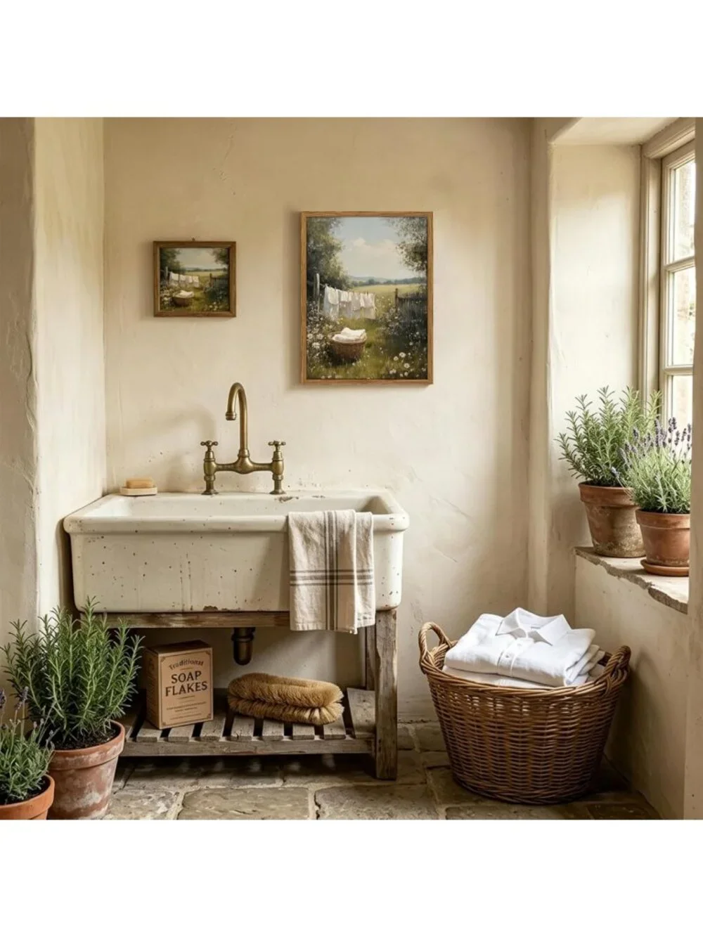 Rustic Laundry Room Wall Art - Clothesline Landscape Canvas Print Decor 12x16